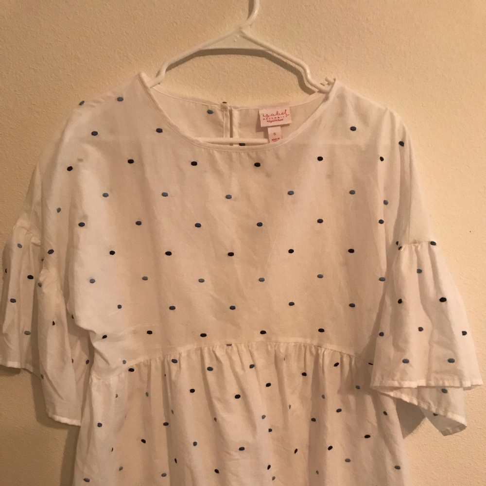 white maternity dress shirt with blue polka dots